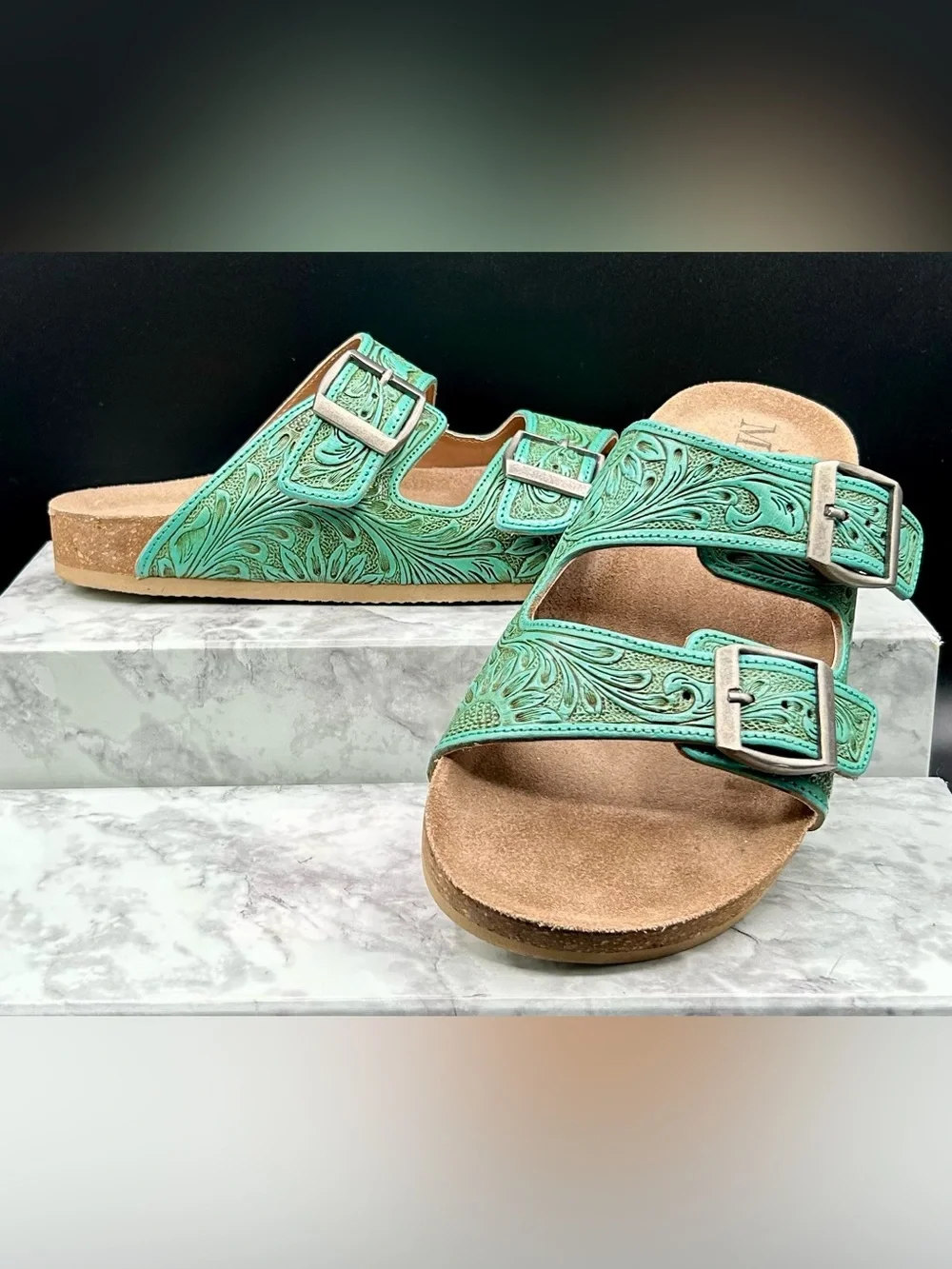 MYRA BAG Verdent Ranges Hand-Tooled Leather Sandals Turquoise - Floral. Size 8